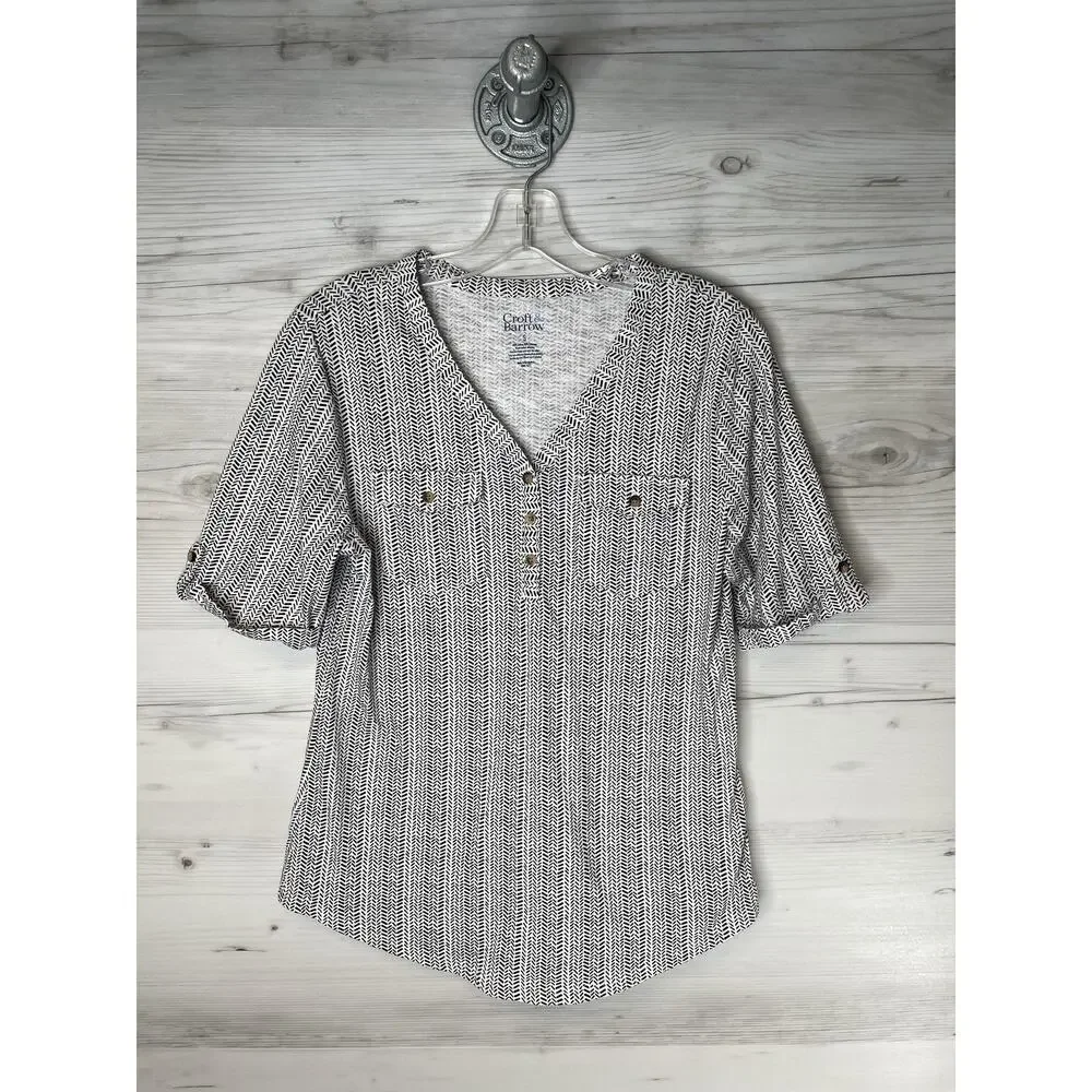 Croft‎ & Barrow Henley Shirt Womens Small Black White Print Short Sleeve